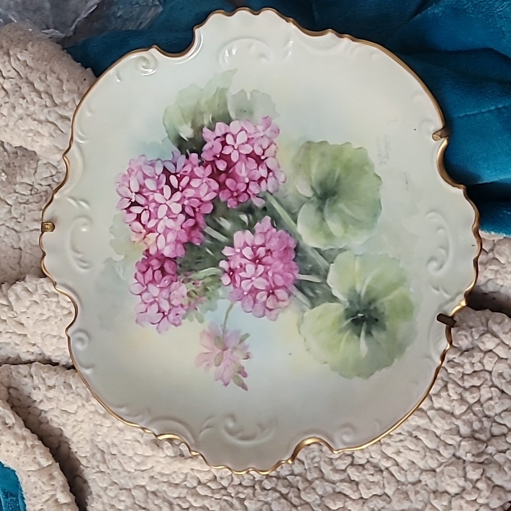 Vintage Floral painted plate porcelain w/ already attached hardware for hanging